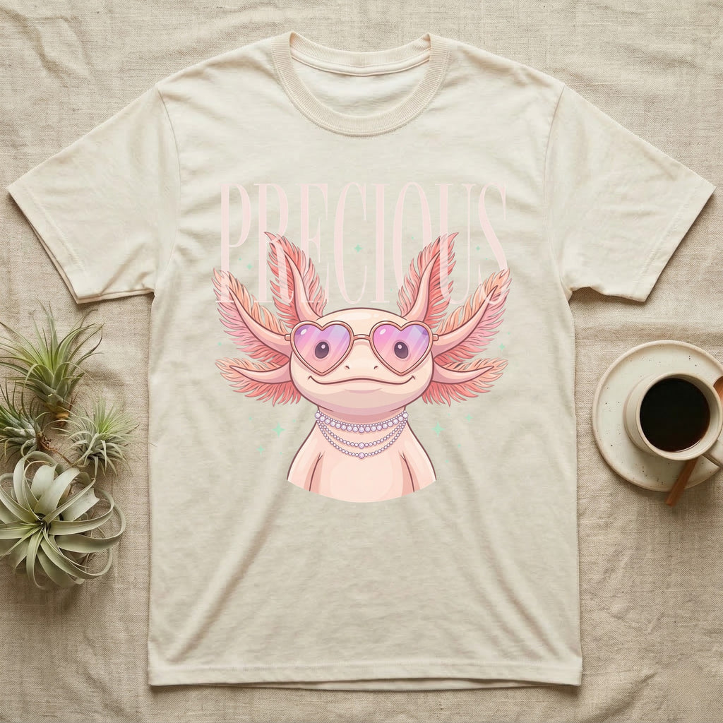 Cream t-shirt with cartoon axolotl wearing heart sunglasses and pearl necklace.