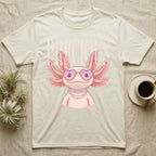 Cream t-shirt with cartoon axolotl wearing heart sunglasses and pearl necklace.