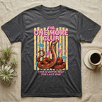 Corn Snake Club T-Shirt in Dark Heather — Engraved corn snake sitting deadpan under pink lettering The One More Club, with This is definitely the last one below, on yellow stripes