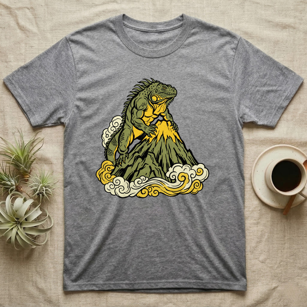 Grey t-shirt with a green iguana perched on a volcano with clouds.