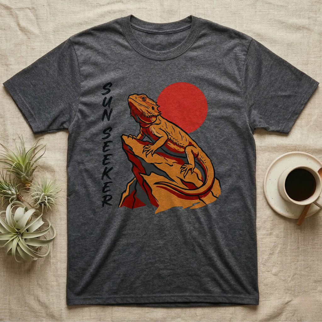 Dark gray t-shirt with a bearded dragon on a rock, sun graphic, and "SUN SEEKER" text.