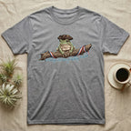 Tree Frog Freedom T-Shirt in Sport Grey — Detailed green tree frog in a tricorn hat on a ribboned branch under script Celebrating 250 Years of Freedom.