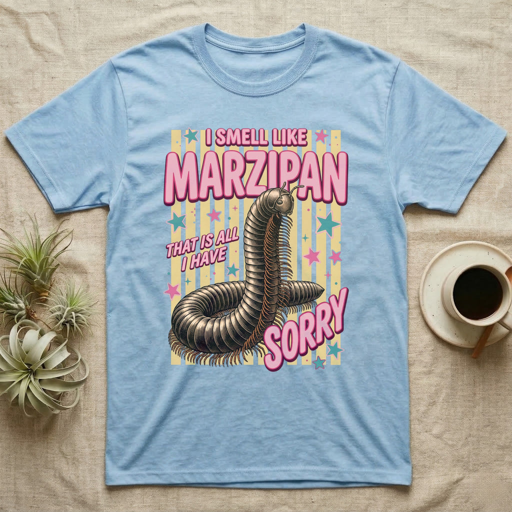 Millipede Almond Defence T-Shirt in Light Blue — Engraved giant African millipede coiled upright under fat pink club lettering reading ALMOND DEFENCE on yellow stripes.