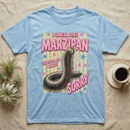 Millipede Almond Defence T-Shirt in Light Blue — Engraved giant African millipede coiled upright under fat pink club lettering reading ALMOND DEFENCE on yellow stripes.