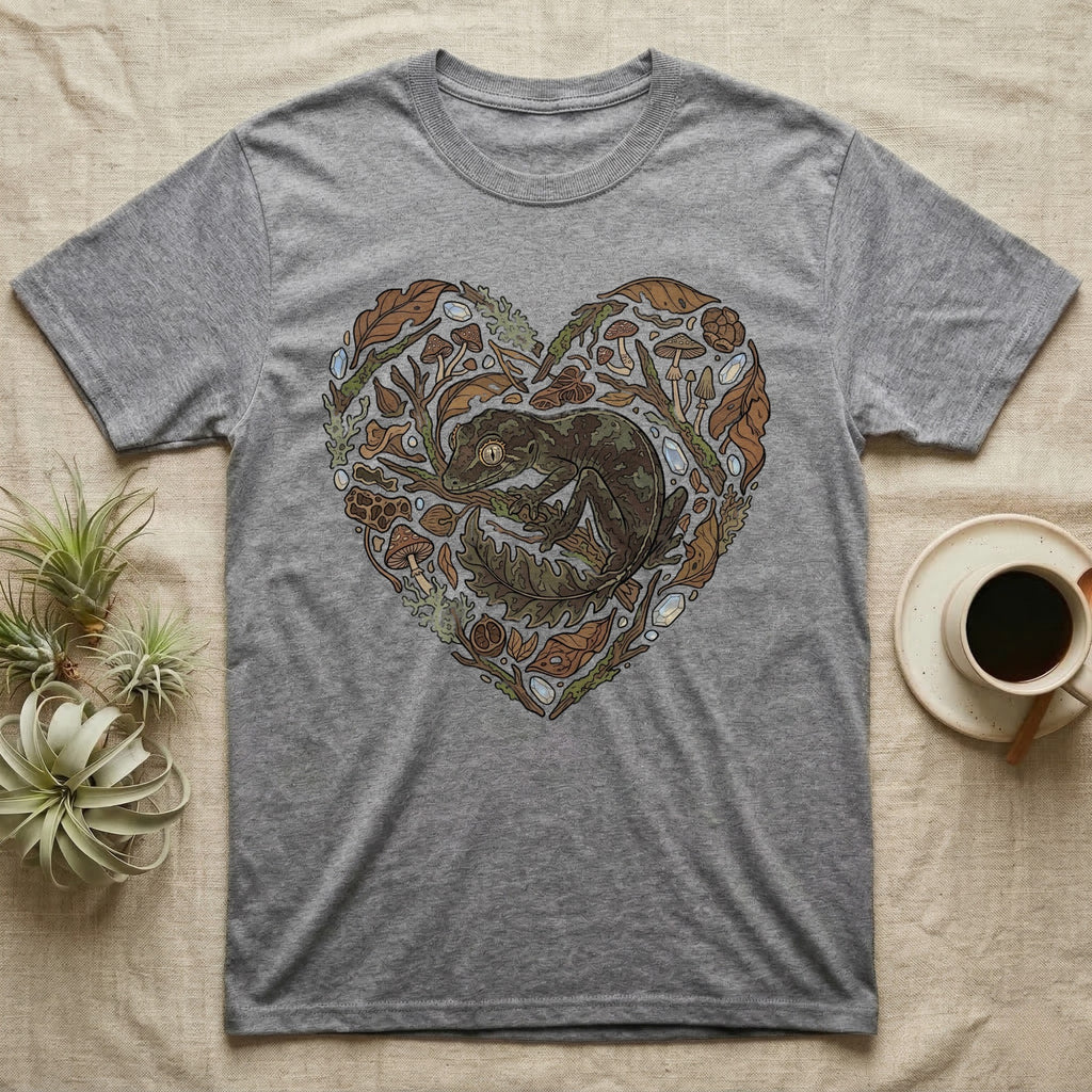 Grey t-shirt with heart-shaped naturalistic illustration of a gecko and leaves.