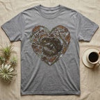 Grey t-shirt with heart-shaped naturalistic illustration of a gecko and leaves.