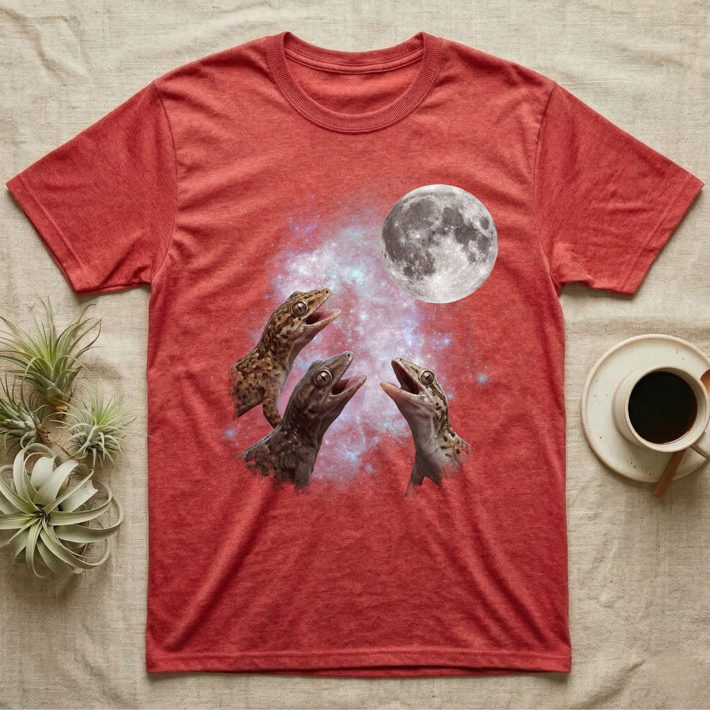 Mourning Gecko Moon Howl T-Shirt in Heather Red — Three Mourning Gecko colour morphs howling at a full moon over a nebula on a dark grey t-shirt.