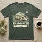 Solar Powered Lawnmower T-Shirt in Military Green — Retro-illustration of a sulcata tortoise grazing a lawn stripe under a sun motif with a Solar-Powered Lawnmower caption.