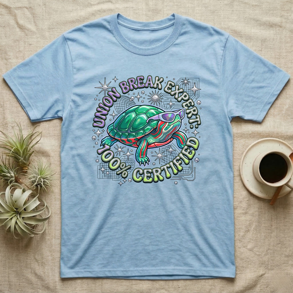 Red-Eared Slider Union Break T-Shirt in Light Blue — Y2K cartoon red-eared slider turtle in sunglasses with chrome "Union Break Expert 100% Certified" lettering.
