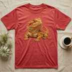 Red heathered t-shirt featuring an illustration of a bearded dragon.