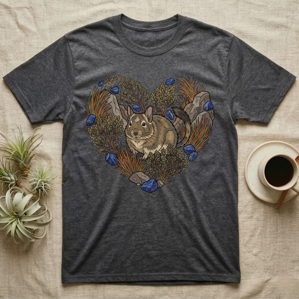 Dark gray t-shirt with a chinchilla illustration in a heart shape.