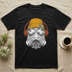 Green Iguana Headphones T-Shirt in Black — Engraved green iguana with jowls and dorsal spines in a beanie and headphones, aviators reflecting a rainforest.