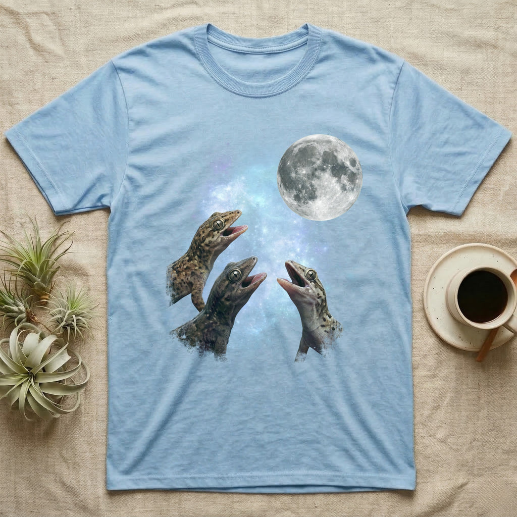 Mourning Gecko Moon Howl T-Shirt in Light Blue — Three Mourning Gecko colour morphs howling at a full moon over a nebula on a dark grey t-shirt.
