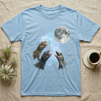 Mourning Gecko Moon Howl T-Shirt in Light Blue — Three Mourning Gecko colour morphs howling at a full moon over a nebula on a dark grey t-shirt.