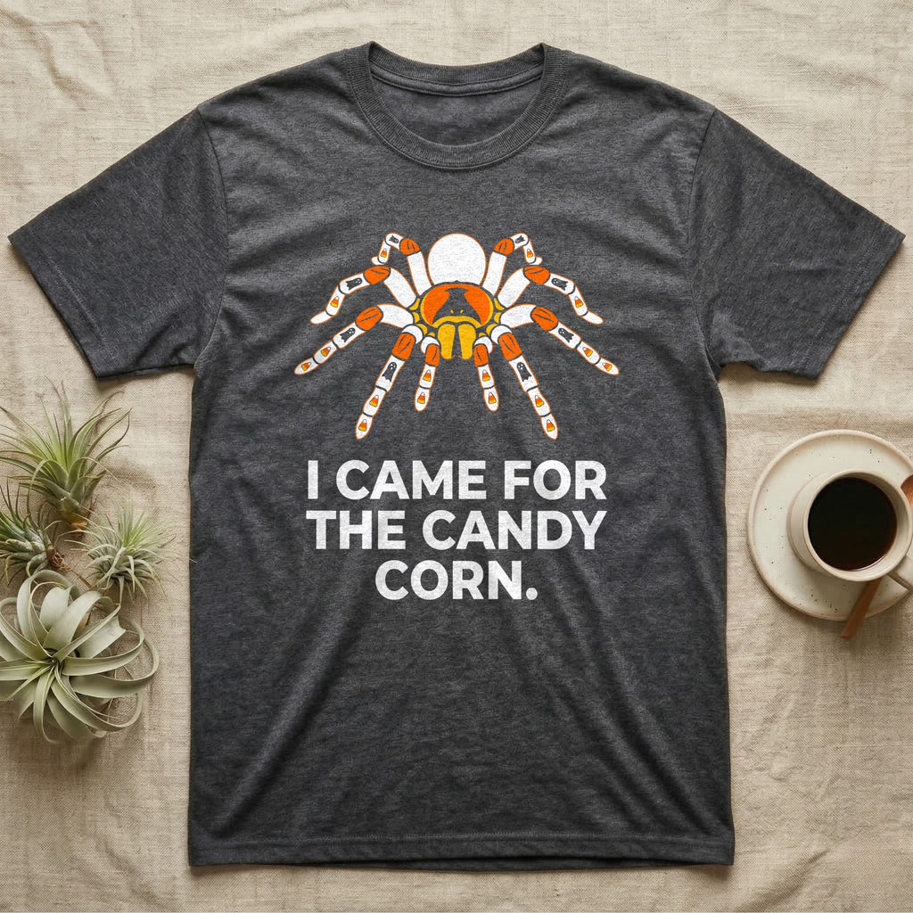 Tarantula Candy Corn T-Shirt in Dark Heather — Clean vector tarantula with candy-corn and ghost patterned legs, "I Came for the Candy Corn."