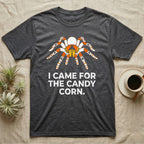 Tarantula Candy Corn T-Shirt in Dark Heather — Clean vector tarantula with candy-corn and ghost patterned legs, "I Came for the Candy Corn."