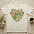 Cream t-shirt with green lizard and floral heart design.