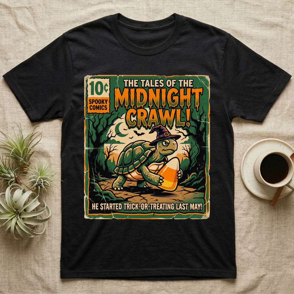 Tortoise Midnight Crawl Comic T-Shirt in Black — Vintage comic cover of a witch-hatted tortoise with candy corn in a moonlit forest, "Tales of the Midnight Crawl."