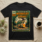 Tortoise Midnight Crawl Comic T-Shirt in Black — Vintage comic cover of a witch-hatted tortoise with candy corn in a moonlit forest, "Tales of the Midnight Crawl."