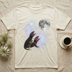 Red-Eyed Crocodile Skink Moon Howl T-Shirt in Natural — Three Red-Eyed Crocodile Skink colour morphs howling at a full moon over a nebula on a dark grey t-shirt.