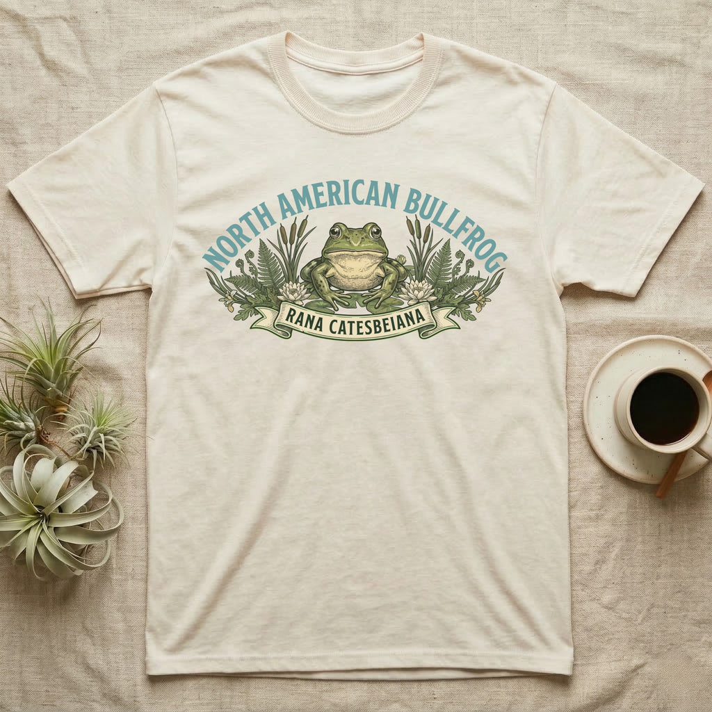 T-shirt graphic of a North American Bullfrog with scientific name below.