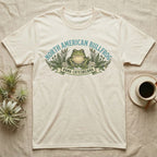 T-shirt graphic of a North American Bullfrog with scientific name below.