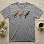Ackie Monitor Triptych T-Shirt in Sport Grey — Three ackie monitors in a row, painted in thick impasto — red, yellow and dark island forms with pale ocelli.