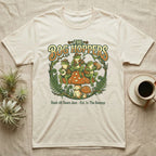 The Bog Hoppers band logo with frogs playing instruments on a mushroom.