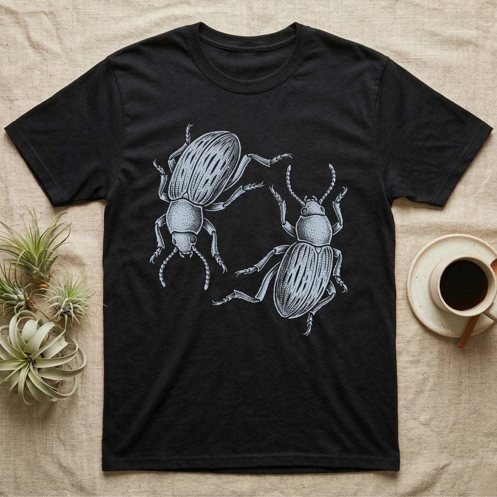 Death-Feigning Beetle Roundel T-Shirt in Black — Two blue death-feigning beetles in pale blue brush line art, rotated 180 degrees into a circle closed by their own bodies.