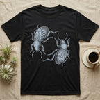 Death-Feigning Beetle Roundel T-Shirt in Black — Two blue death-feigning beetles in pale blue brush line art, rotated 180 degrees into a circle closed by their own bodies.