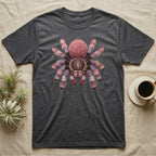 Dark grey t-shirt with a colorful tarantula graphic and air plants.