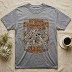 Ball Python Shed Costume T-Shirt in Sport Grey — Distressed framed graphic of a ball python tangled in shed skin, "Official Halloween Costume: Ghost, Stuck in Shed."