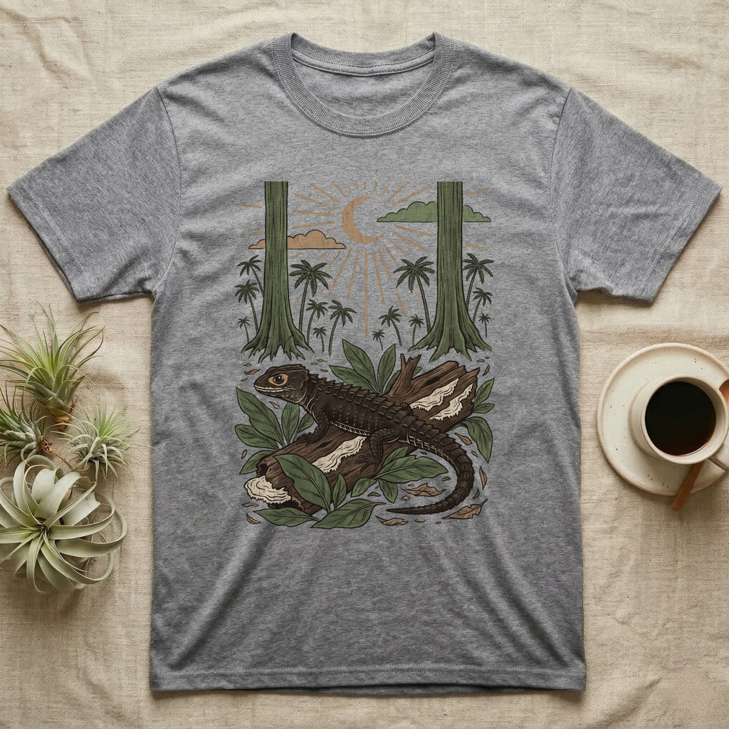 Crocodile Skink Home Range T-Shirt in Sport Grey — Woodcut-style illustration of a red-eyed crocodile skink crouched on a rainforest log among broad leaves and palms, no on-shirt text.