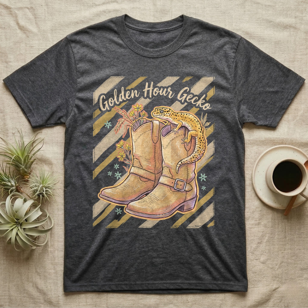 Gray t-shirt with "Golden Hour Gecko" text and a gecko on cowboy boots.