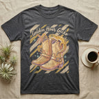 Gray t-shirt with "Golden Hour Gecko" text and a gecko on cowboy boots.