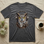 Dark gray t-shirt with a painted owl wearing headphones.