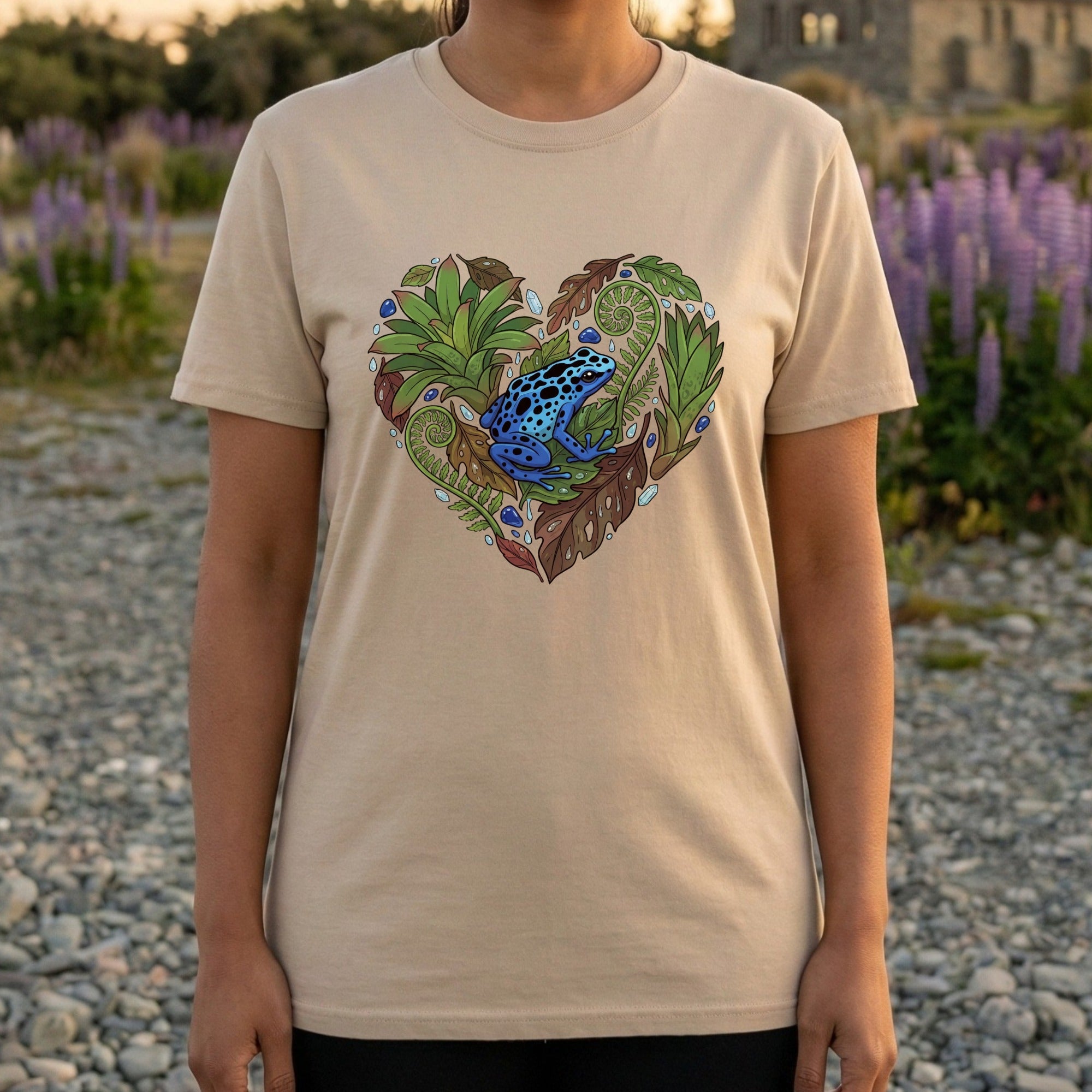 Blue Frog and Leaf Heart Graphic Design T-Shirt