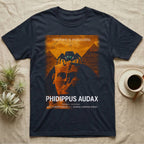 Bold Jumping Spider Vintage Poster T-Shirt in Navy — Bold jumping spider on the Egyptian Sphinx in distressed halftone travel-poster style with "nowhere is impossible".