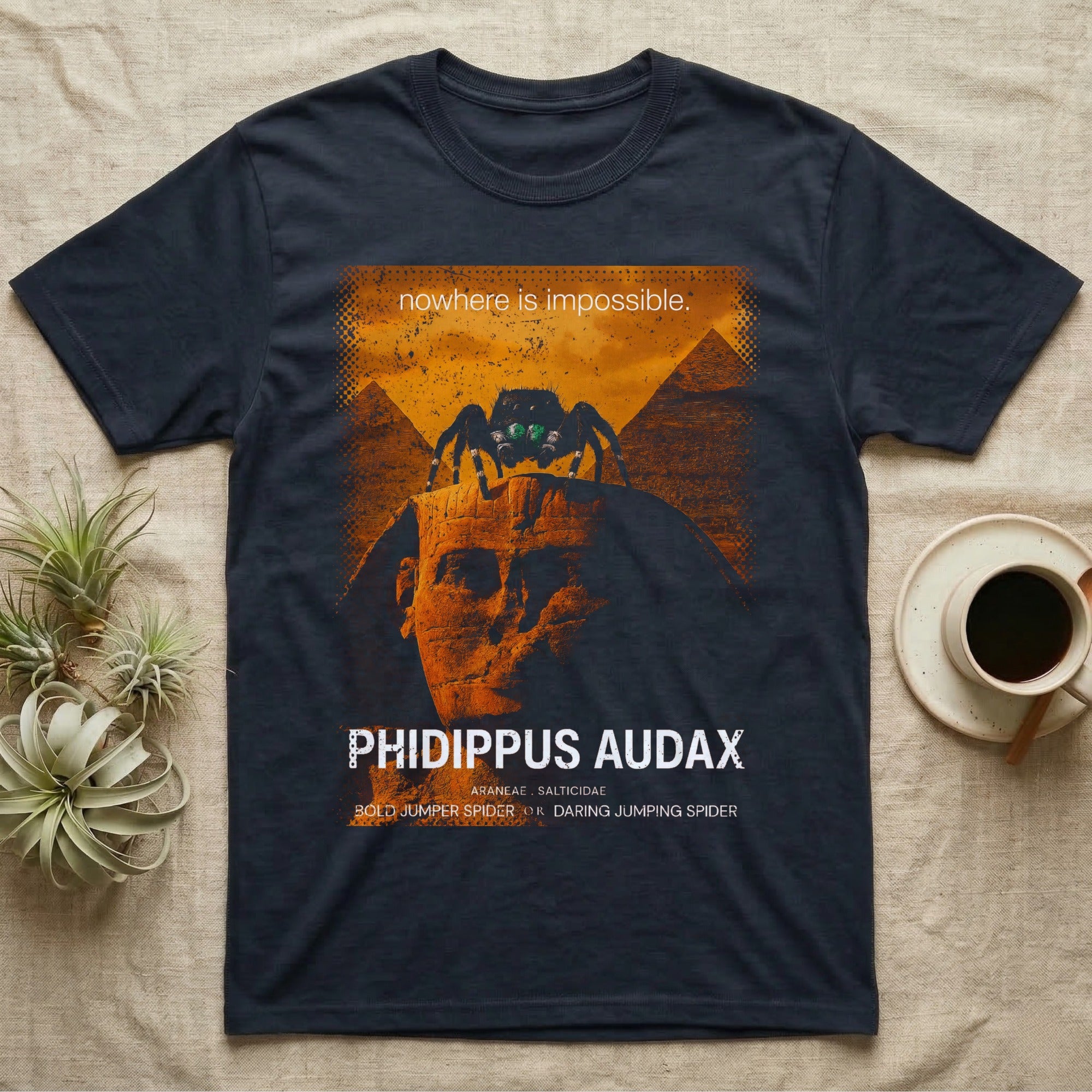 Bold Jumping Spider Vintage Poster T-Shirt in Navy — Bold jumping spider on the Egyptian Sphinx in distressed halftone travel-poster style with "nowhere is impossible".