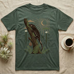 Crested Gecko Home Range T-Shirt in Military Green — Woodcut-style illustration of a crested gecko clinging head-up to a mossy rainforest trunk among tree ferns, no on-shirt text.