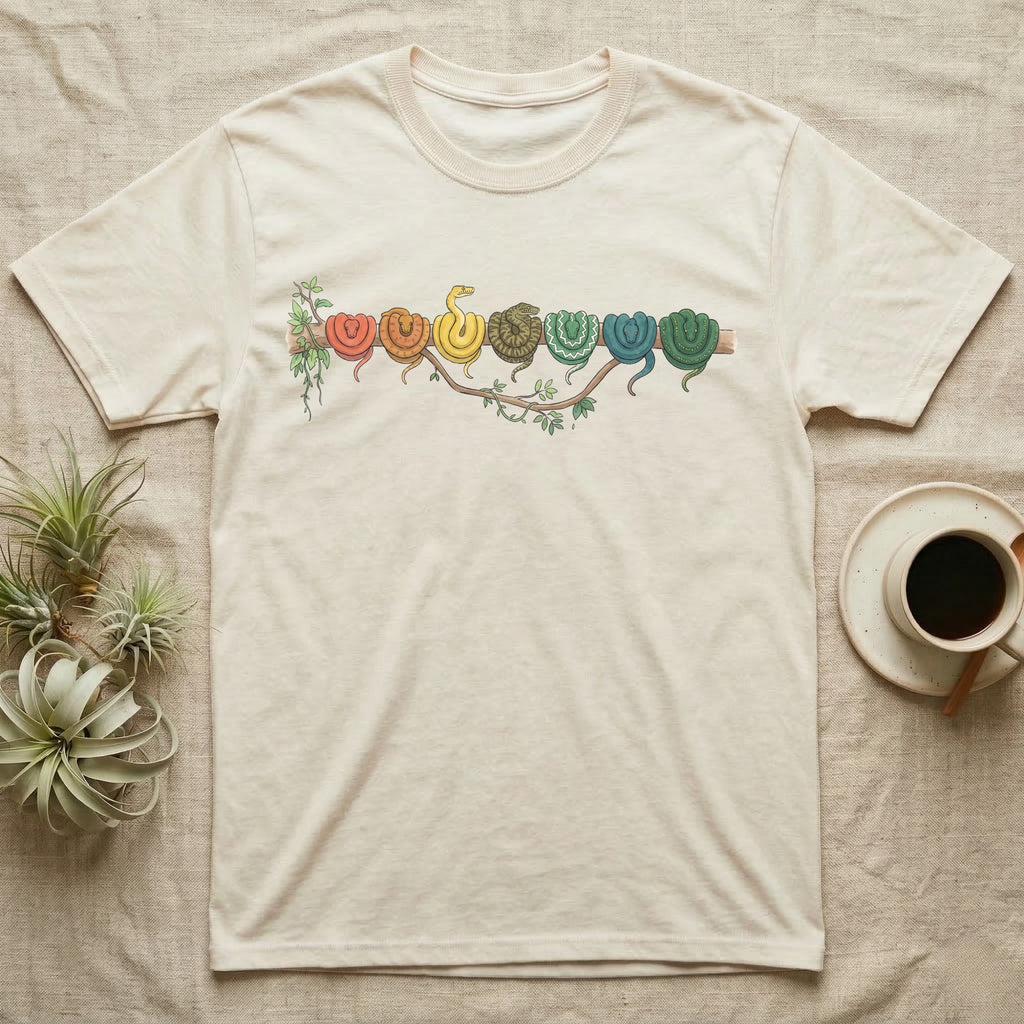 Emerald Tree Boa Canopy Crew T-Shirt in Natural — Watercolor illustration of seven emerald tree boas in real colour stages coiled on a branch, dark grey T-shirt design.