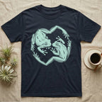 White's Tree Frog Roundel T-Shirt in Navy — Brush line art of two White's tree frogs facing each other, bodies curving into a circle, on grey