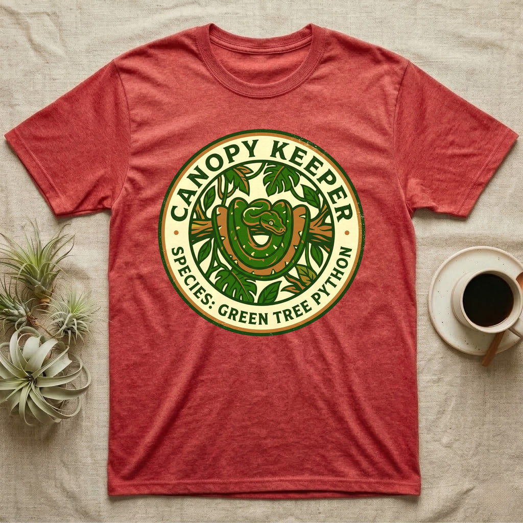 Red t-shirt with green tree python in circular logo.