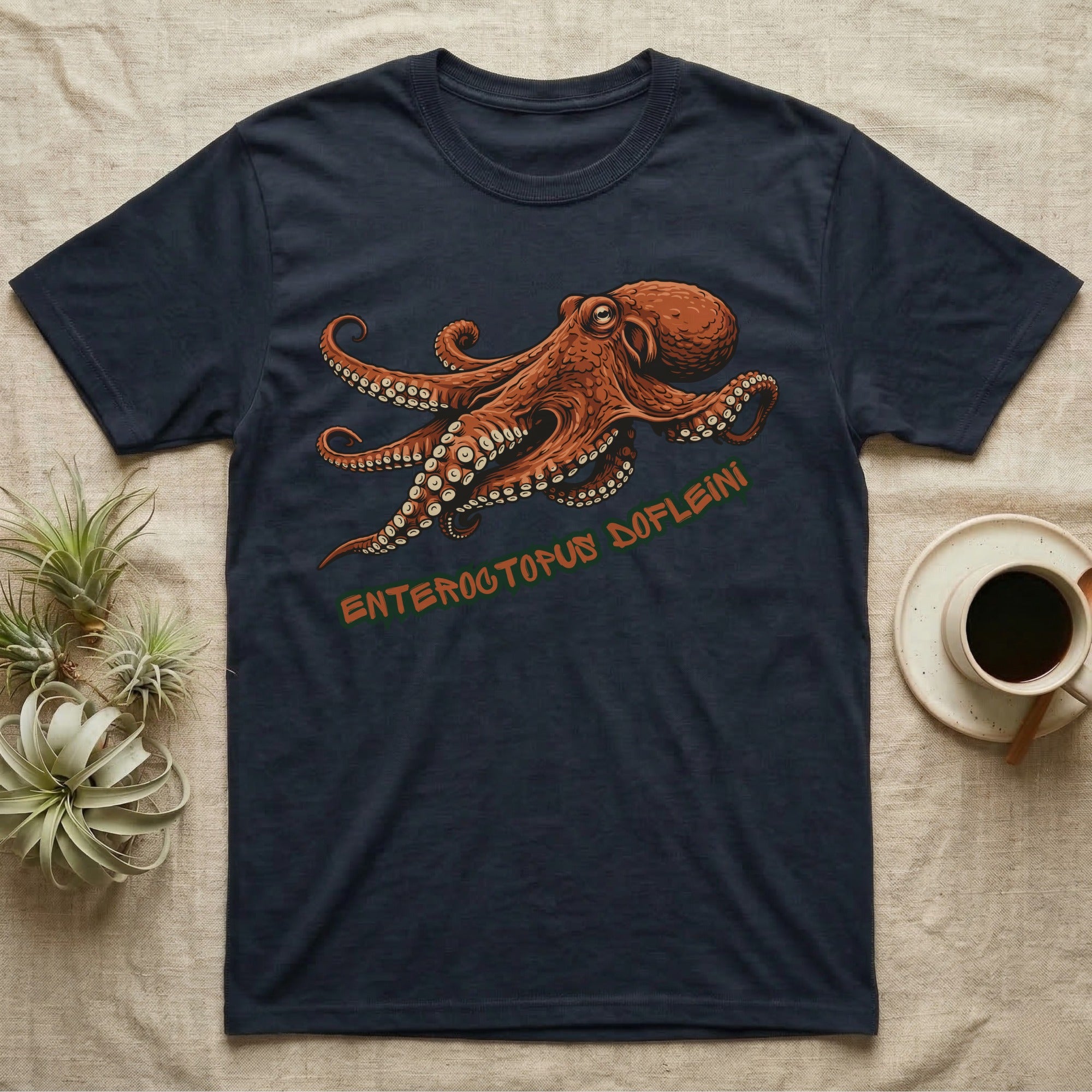 Navy t-shirt with an orange octopus graphic and "ENTEROCTOPUS DOFLEINI" text.