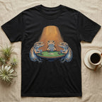Leopard Gecko Poker T-Shirt in Black — Vintage oil-painting tableau of three leopard geckos playing poker around a green-felt table in warm amber light.