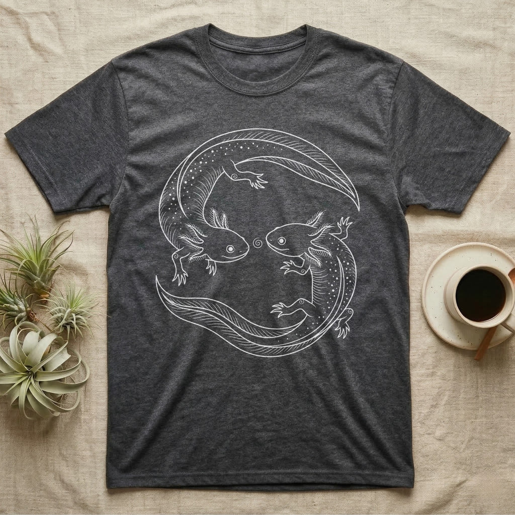 Axolotl Pair Roundel T-Shirt in Dark Heather — Fine-line drawing of two axolotls in a rotational roundel, heads meeting over a small spiral on grey