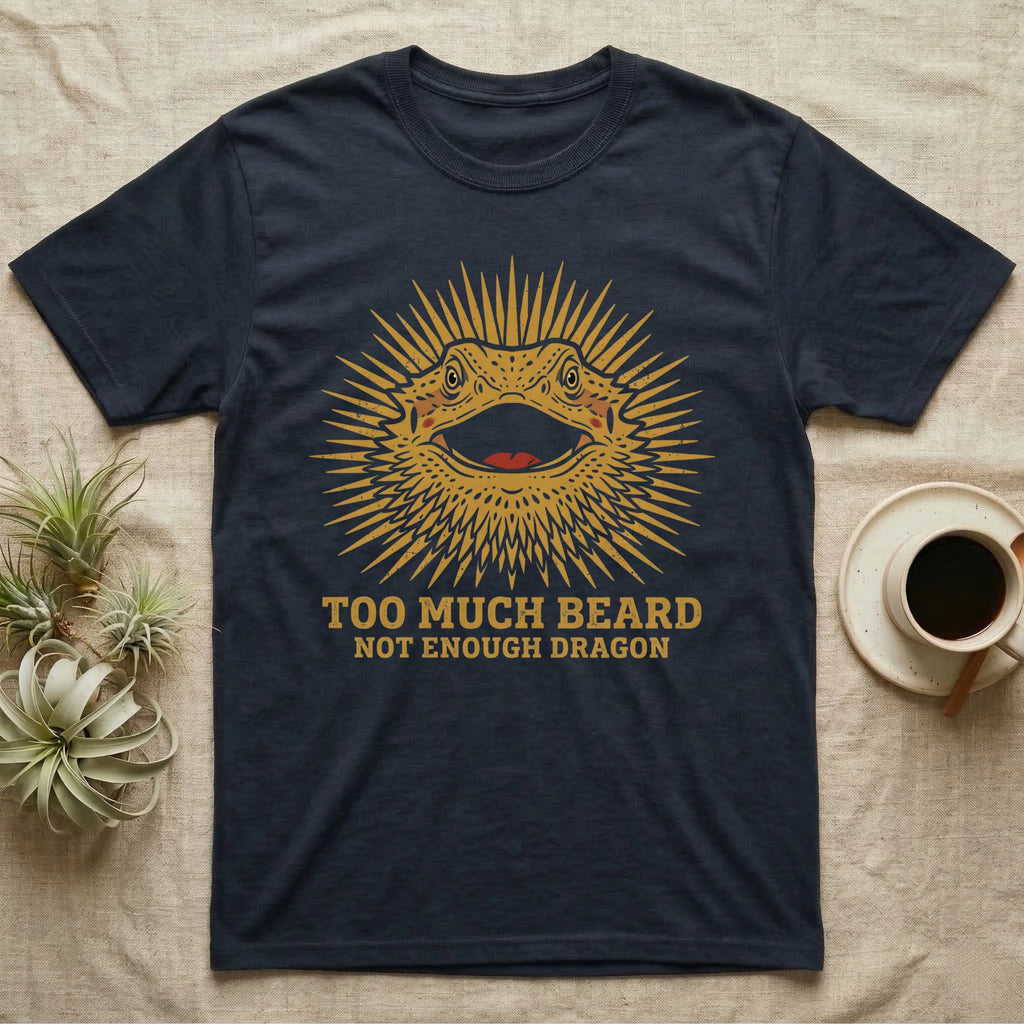 Bearded Dragon Not A Costume T-Shirt in Navy — Block-print bearded dragon mid-wave in one terracotta ink, ringed by the words NOT A COSTUME and this beard is mine.