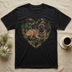 Black t-shirt with a heart-shaped graphic of a mastiff dog surrounded by natural elements.