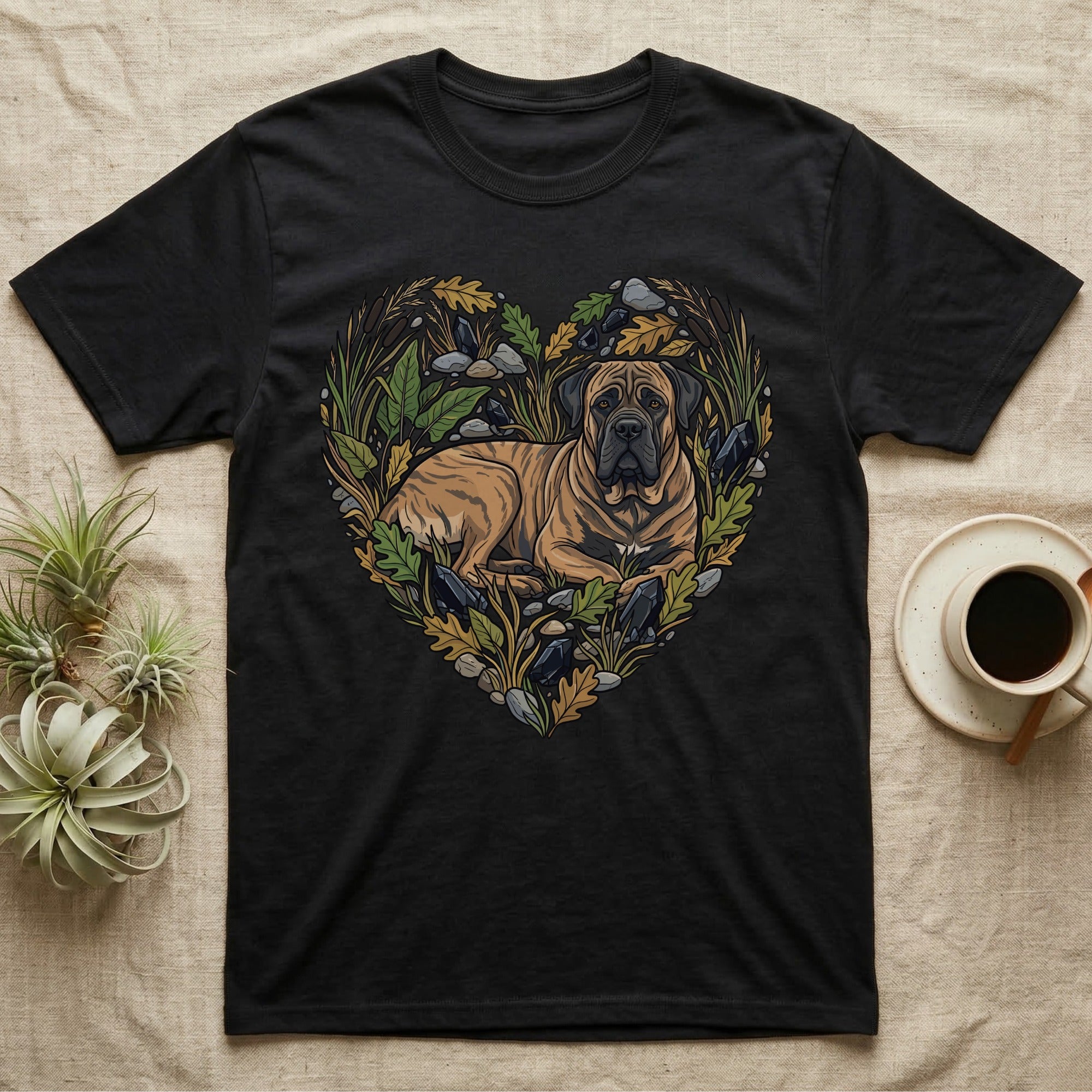 Black t-shirt with a heart-shaped graphic of a mastiff dog surrounded by natural elements.