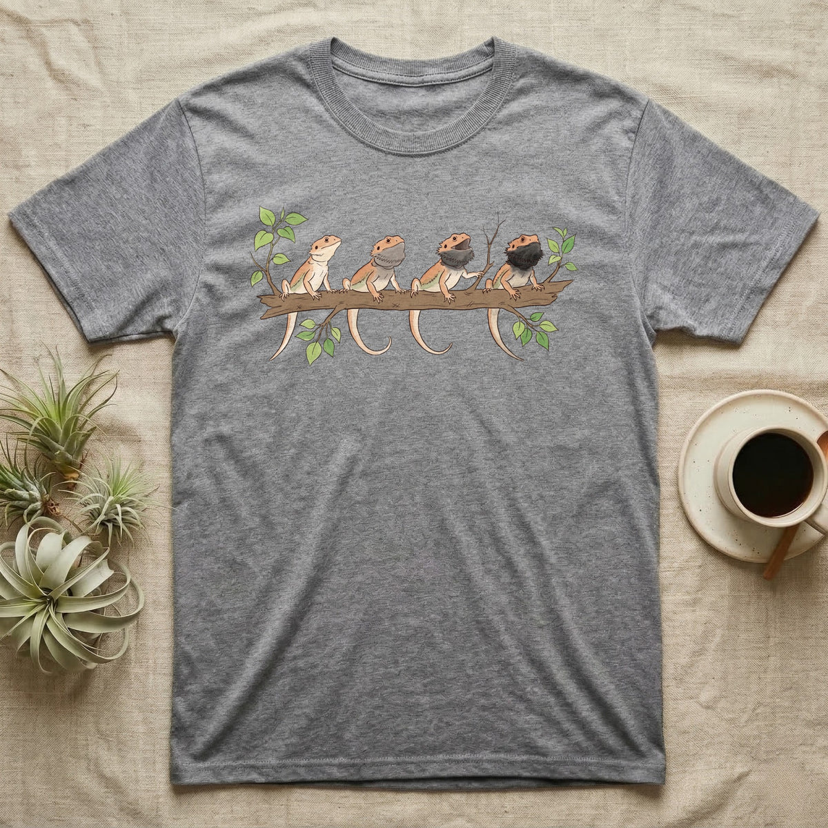 Bearded Dragon Beard States T-Shirt in Sport Grey — Watercolour illustration of four bearded dragons on a branch, each with a different beard and mouth state.